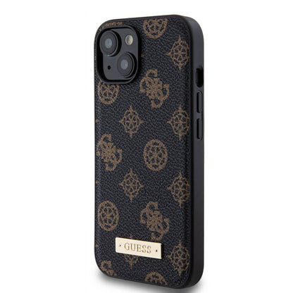 iPhone 14 Kılıf Guess M-safe Şarj Özellikli PU Deri Desenli Metal Plaka Logolu Kapak