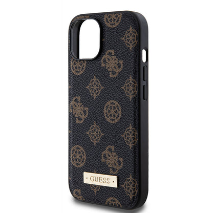 iPhone 14 Kılıf Guess M-safe Şarj Özellikli PU Deri Desenli Metal Plaka Logolu Kapak