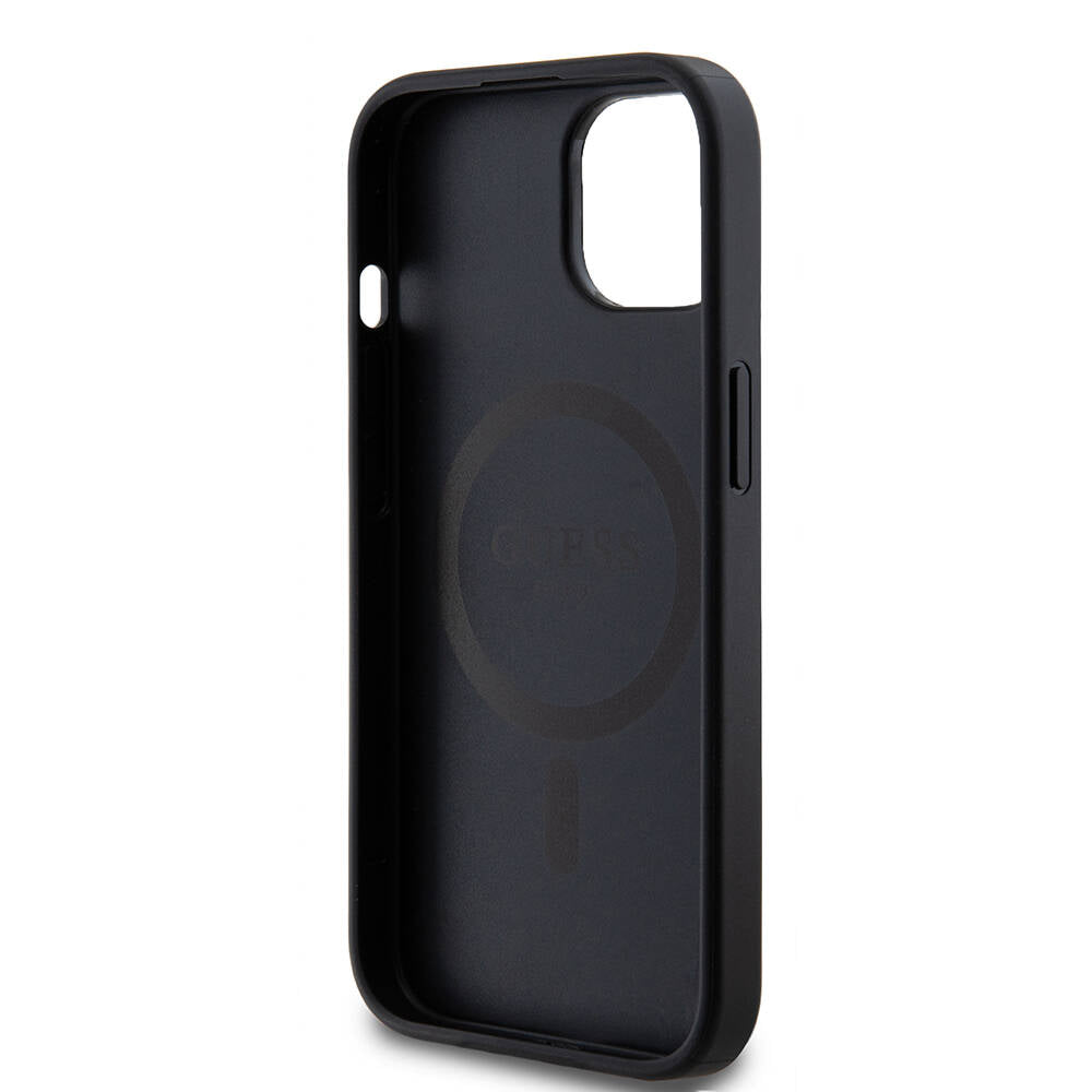 iPhone 14 Kılıf Guess M-safe Şarj Özellikli PU Deri Desenli Metal Plaka Logolu Kapak