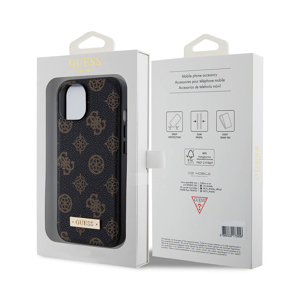 iPhone 14 Kılıf Guess M-safe Şarj Özellikli PU Deri Desenli Metal Plaka Logolu Kapak