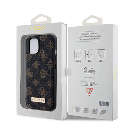 iPhone 14 Kılıf Guess M-safe Şarj Özellikli PU Deri Desenli Metal Plaka Logolu Kapak