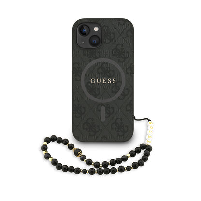 iPhone 14 Kılıf Guess Orjinal Lisanslı M-safe Şarj Özellikli PU Deri Bilek Askı İpli Yazı Logolu Kapak
