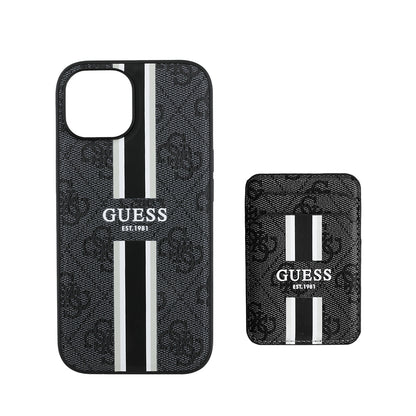 iPhone 14 Kılıf Guess Orjinal Lisanslı M-safe Şarj Özellikli 4G Desenli Çizgili Kartlıklı Kapak