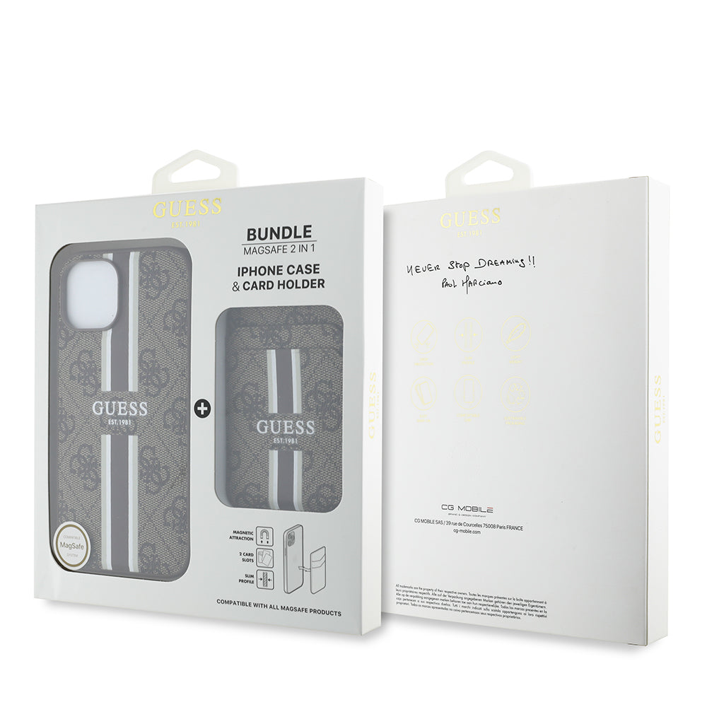 iPhone 14 Kılıf Guess Orjinal Lisanslı M-safe Şarj Özellikli 4G Desenli Çizgili Kartlıklı Kapak
