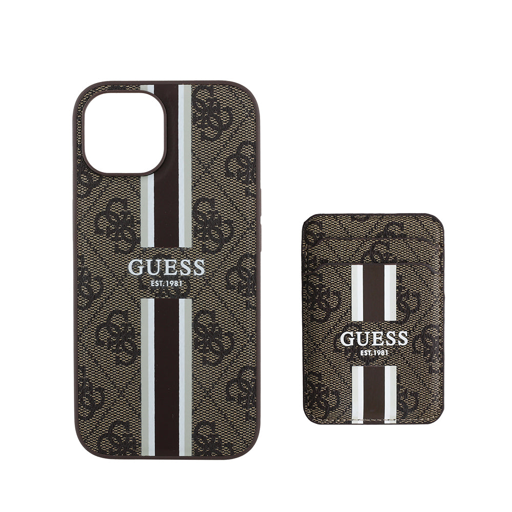 iPhone 14 Kılıf Guess Orjinal Lisanslı M-safe Şarj Özellikli 4G Desenli Çizgili Kartlıklı Kapak