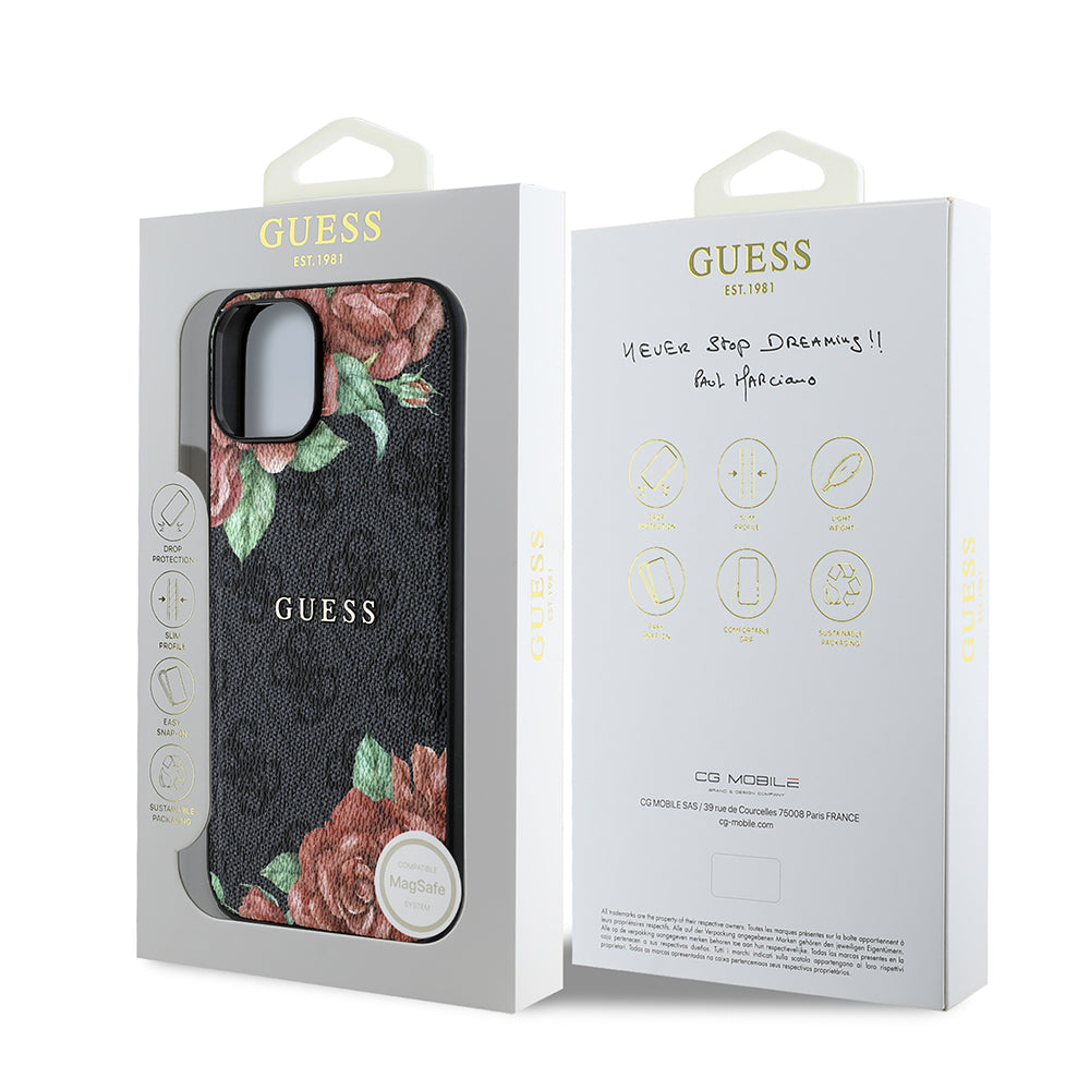 iPhone 14 Kılıf Guess Orjinal Lisanslı M-safe Şarj Özellikli Gül Baskılı 4G Desenli Yazı Logolu Kapak