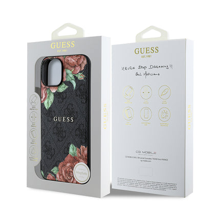 iPhone 14 Kılıf Guess Orjinal Lisanslı M-safe Şarj Özellikli Gül Baskılı 4G Desenli Yazı Logolu Kapak