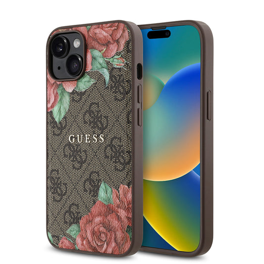 iPhone 14 Kılıf Guess Orjinal Lisanslı M-safe Şarj Özellikli Gül Baskılı 4G Desenli Yazı Logolu Kapak
