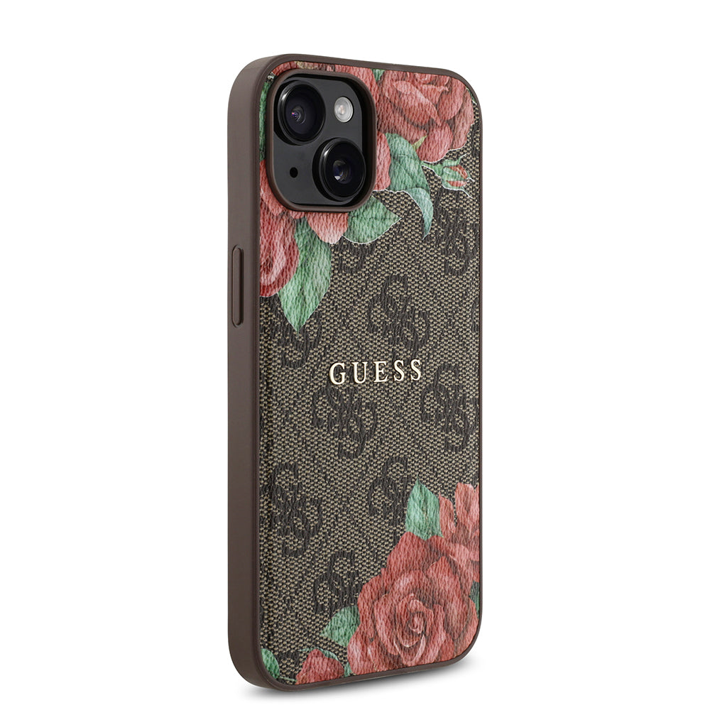 iPhone 14 Kılıf Guess Orjinal Lisanslı M-safe Şarj Özellikli Gül Baskılı 4G Desenli Yazı Logolu Kapak