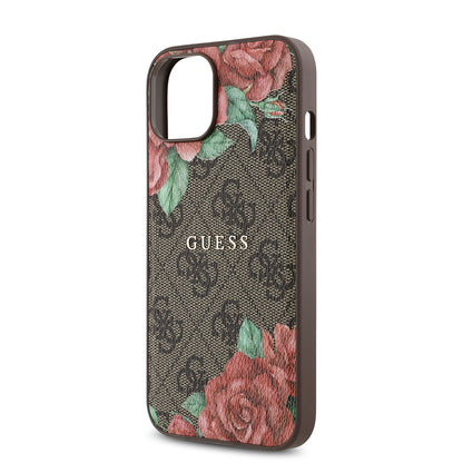 iPhone 14 Kılıf Guess Orjinal Lisanslı M-safe Şarj Özellikli Gül Baskılı 4G Desenli Yazı Logolu Kapak