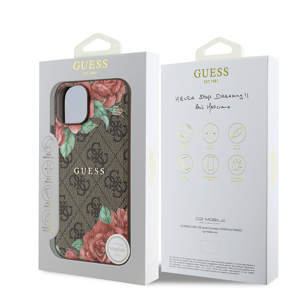 iPhone 14 Kılıf Guess Orjinal Lisanslı M-safe Şarj Özellikli Gül Baskılı 4G Desenli Yazı Logolu Kapak