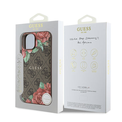 iPhone 14 Kılıf Guess Orjinal Lisanslı M-safe Şarj Özellikli Gül Baskılı 4G Desenli Yazı Logolu Kapak