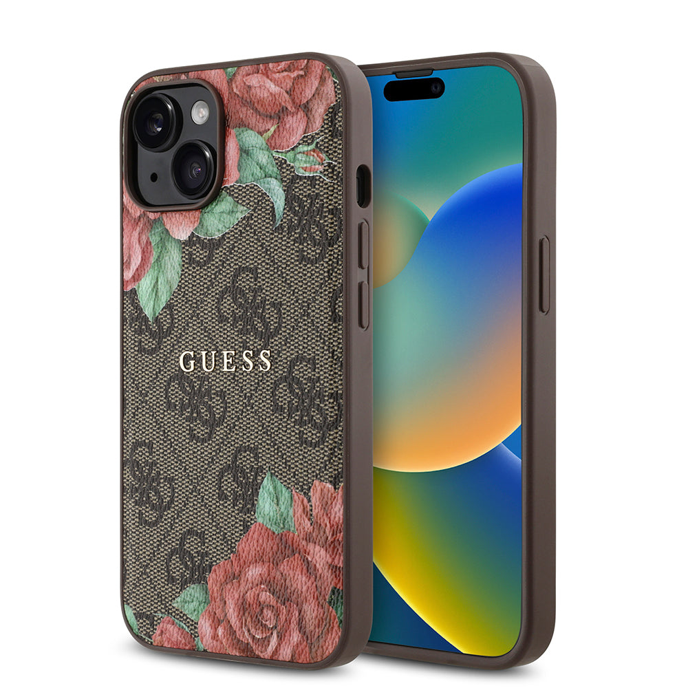 iPhone 14 Kılıf Guess Orjinal Lisanslı M-safe Şarj Özellikli Gül Baskılı 4G Desenli Yazı Logolu Kapak