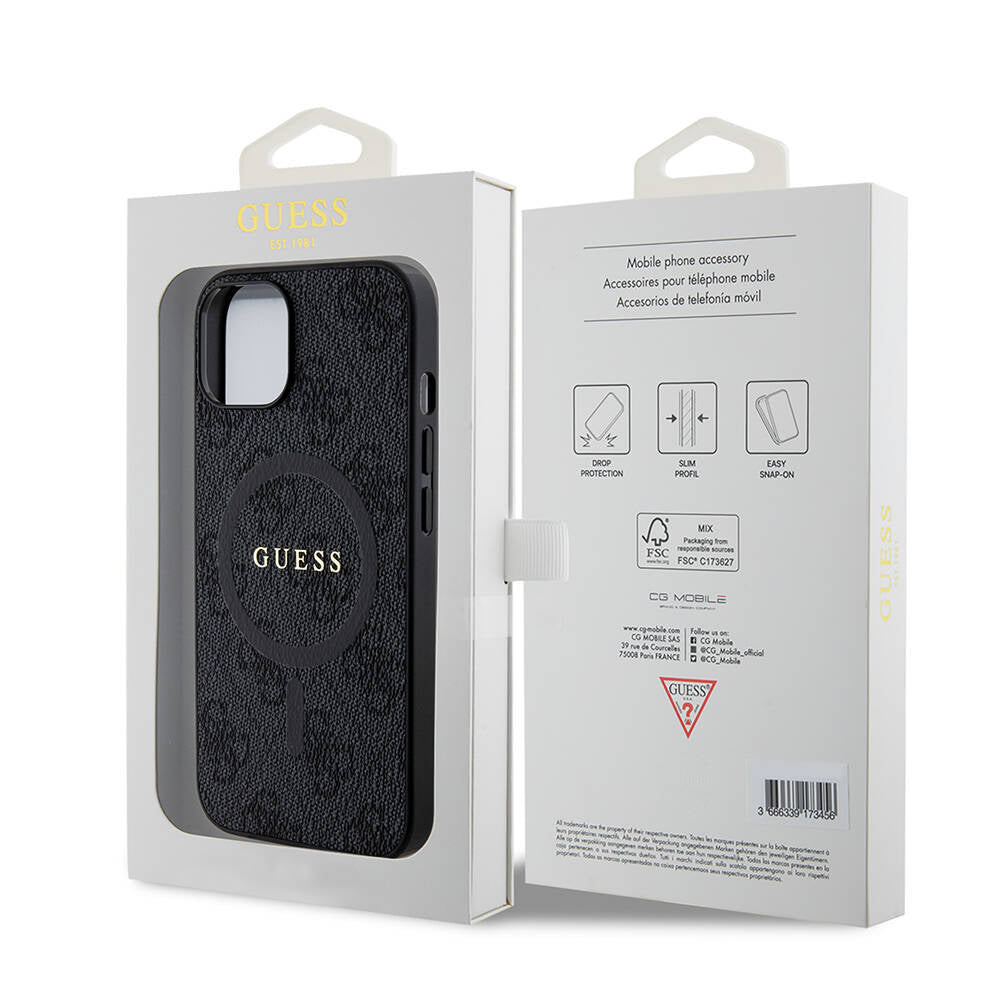 iPhone 14 Kılıf Guess Orjinal Lisanslı M-safe Şarj Özellikli PU Halkalı 4G Desenli Yazı Logolu Kapak
