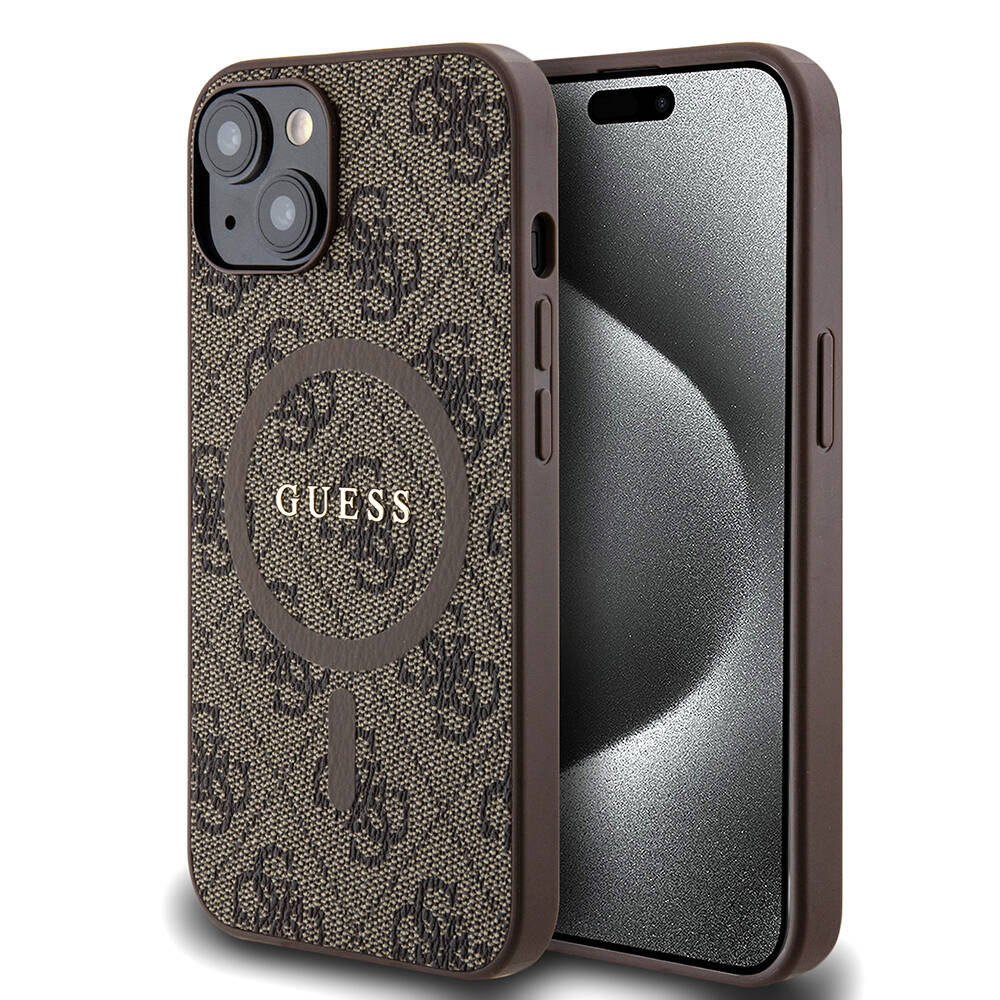iPhone 14 Kılıf Guess Orjinal Lisanslı M-safe Şarj Özellikli PU Halkalı 4G Desenli Yazı Logolu Kapak