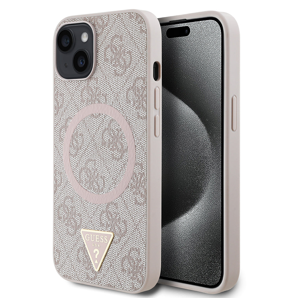 iPhone 14 Kılıf Guess Orjinal Lisanslı M-safe Şarj Özellikli PU Üçgen Logo 4G Desenli Kapak