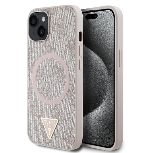 iPhone 14 Kılıf Guess Orjinal Lisanslı M-safe Şarj Özellikli PU Üçgen Logo 4G Desenli Kapak