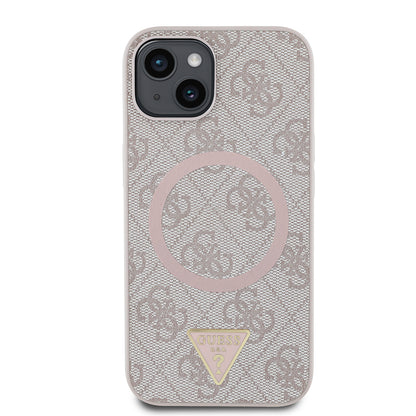 iPhone 14 Kılıf Guess Orjinal Lisanslı M-safe Şarj Özellikli PU Üçgen Logo 4G Desenli Kapak