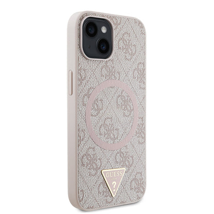 iPhone 14 Kılıf Guess Orjinal Lisanslı M-safe Şarj Özellikli PU Üçgen Logo 4G Desenli Kapak