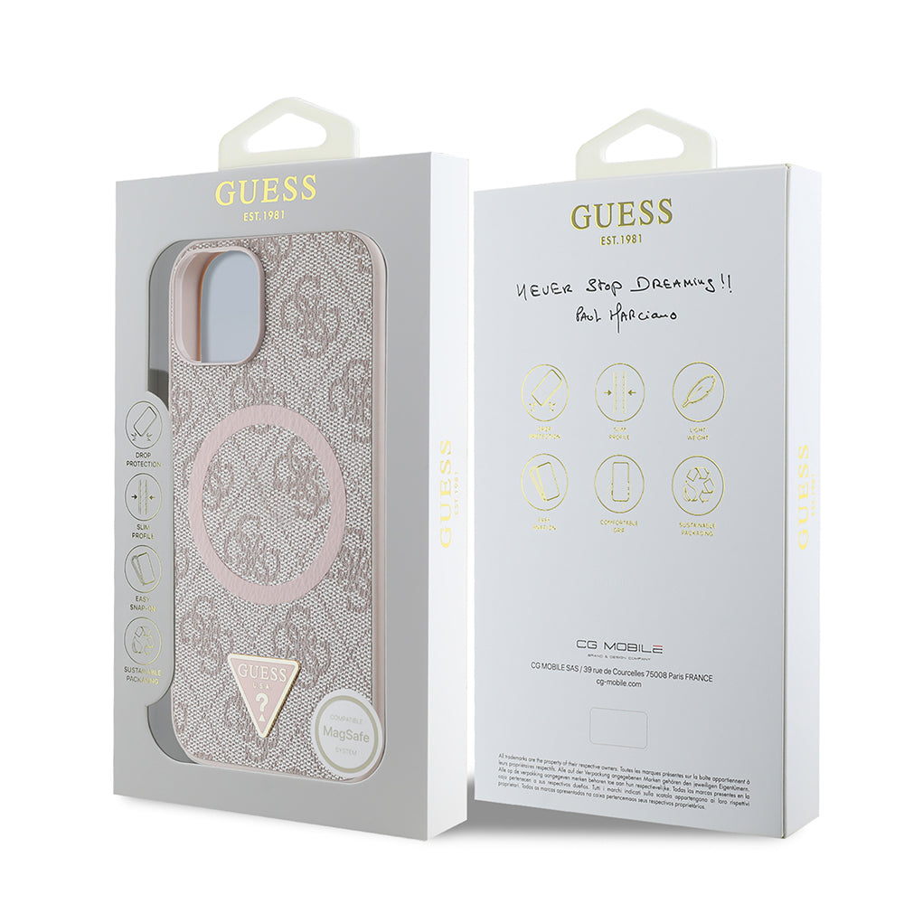 iPhone 14 Kılıf Guess Orjinal Lisanslı M-safe Şarj Özellikli PU Üçgen Logo 4G Desenli Kapak