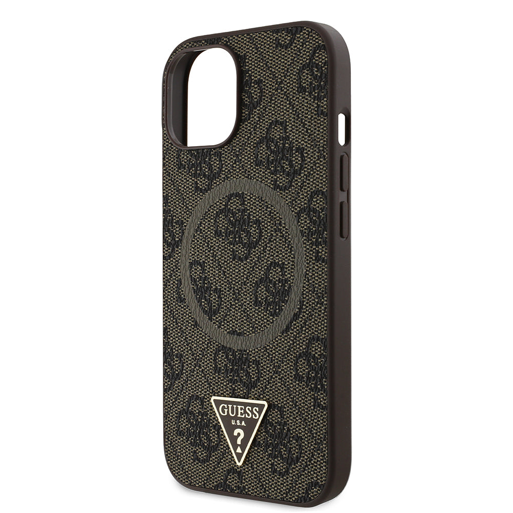iPhone 14 Kılıf Guess Orjinal Lisanslı M-safe Şarj Özellikli PU Üçgen Logo 4G Desenli Kapak