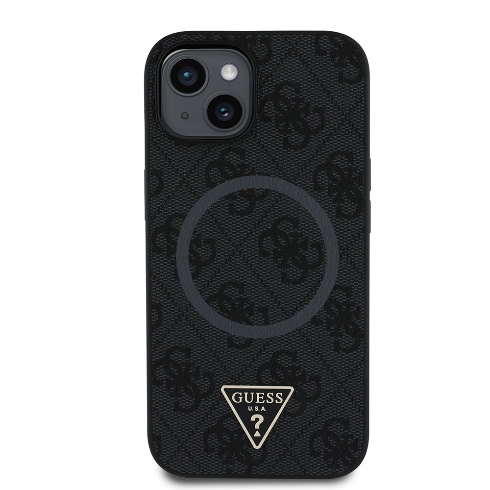 iPhone 14 Kılıf Guess Orjinal Lisanslı M-safe Şarj Özellikli PU Üçgen Logo 4G Desenli Kapak