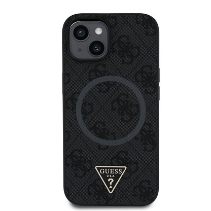 iPhone 14 Kılıf Guess Orjinal Lisanslı M-safe Şarj Özellikli PU Üçgen Logo 4G Desenli Kapak