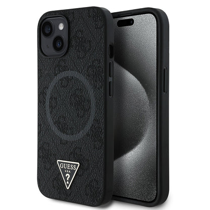 iPhone 14 Kılıf Guess Orjinal Lisanslı M-safe Şarj Özellikli PU Üçgen Logo 4G Desenli Kapak