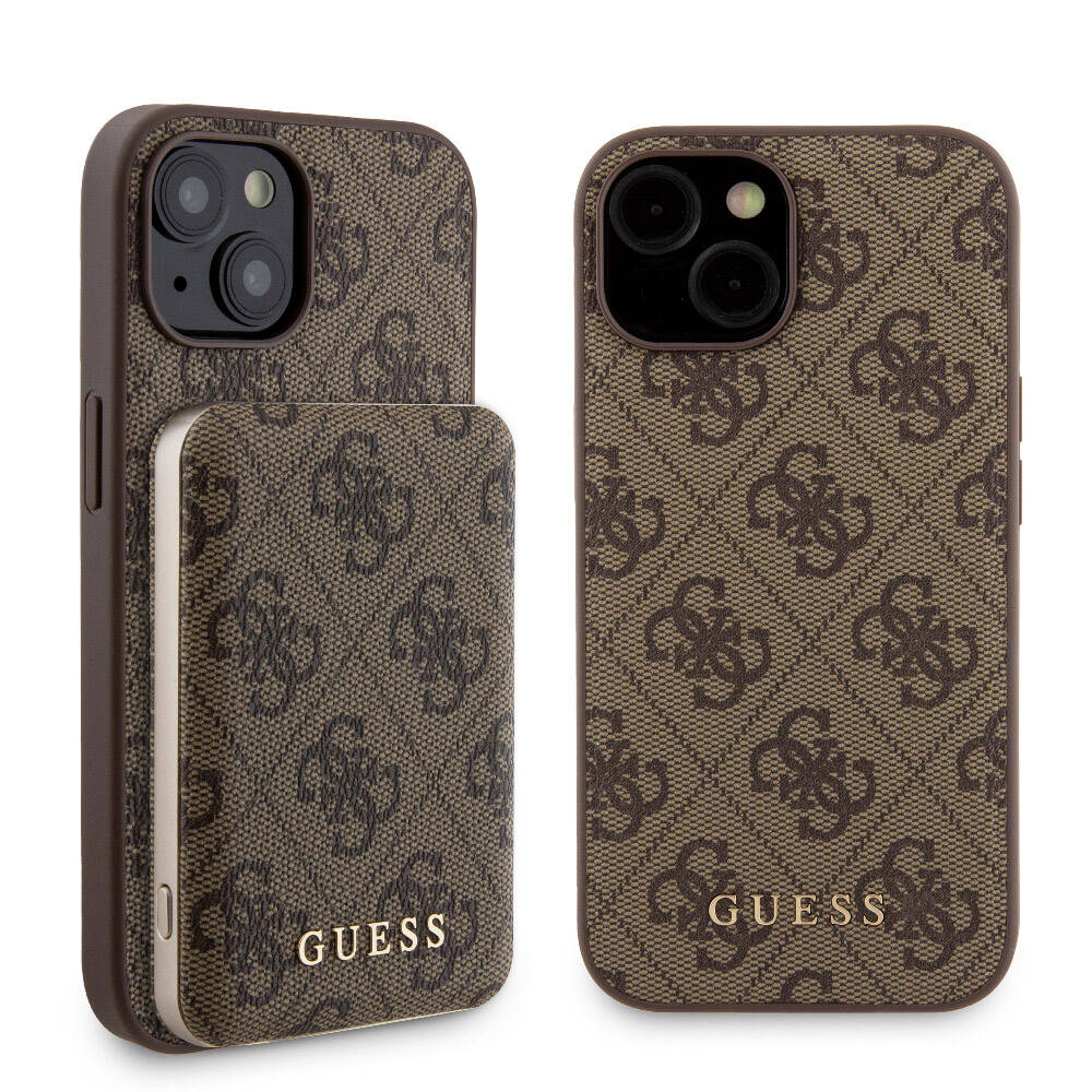 iPhone 14 Kılıf Guess Orjinal Lisanslı M-safe Şarj Özellikli Yazı Logolu 4G Desenli Kapak + Powerbank 5000mAh 2in1 Set