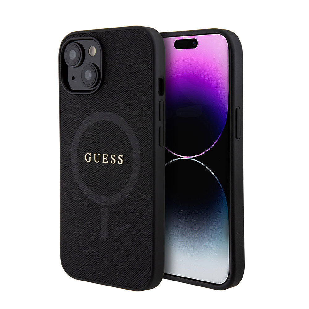 iPhone 14 Kılıf Guess Orjinal Lisanslı M-safe Şarj Özellikli Yazı Logolu Saffiano Classic Kapak