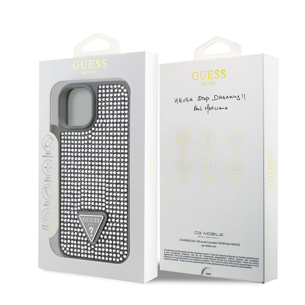 iPhone 14 Kılıf Guess Orjinal Lisanslı Taşlı Arka Yüzey Üçgen Logolu Kapak