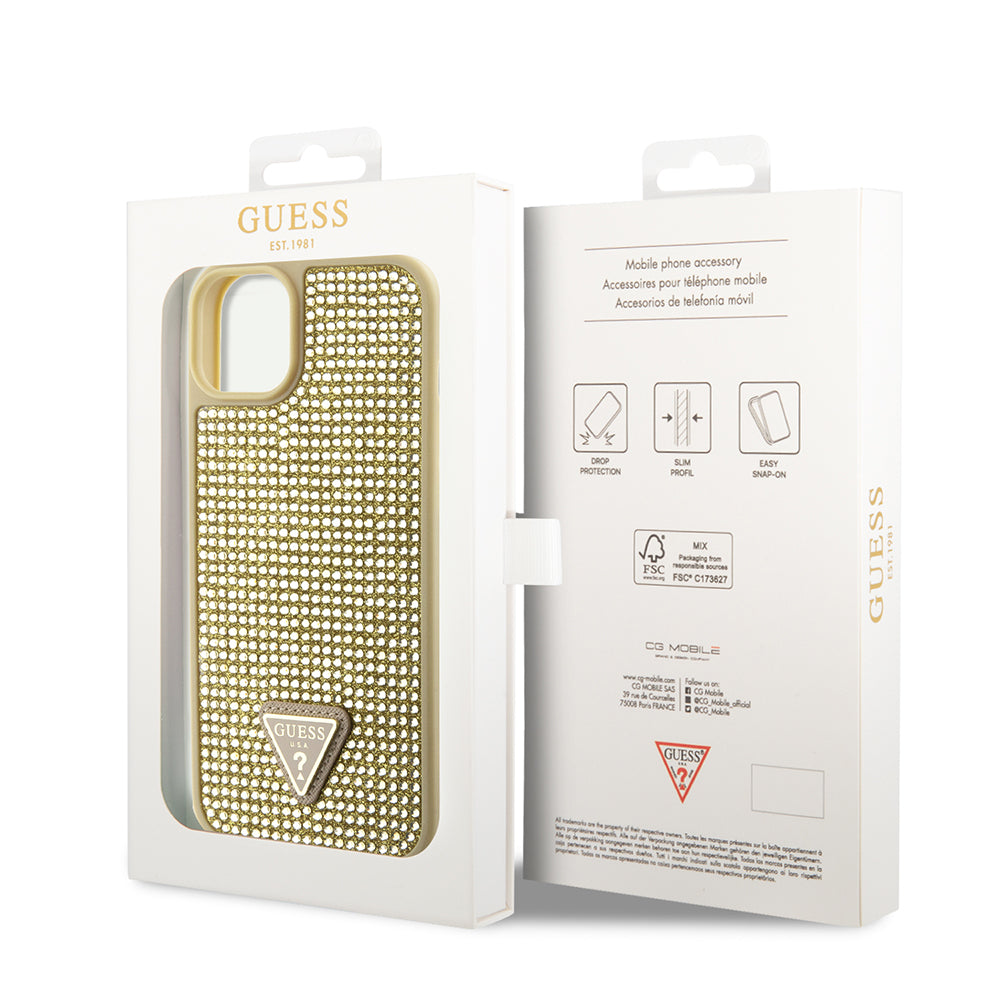 iPhone 14 Kılıf Guess Orjinal Lisanslı Taşlı Arka Yüzey Üçgen Logolu Kapak