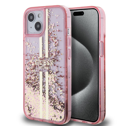 iPhone 14 Kılıf Guess Orjinal Lisanslı Transparan Sıvılı Simli Altın Çizgili Kapak