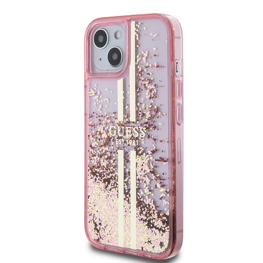 iPhone 14 Kılıf Guess Orjinal Lisanslı Transparan Sıvılı Simli Altın Çizgili Kapak