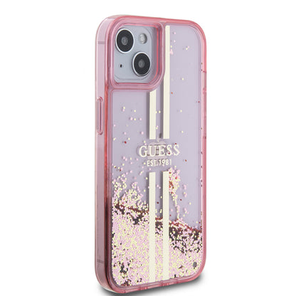 iPhone 14 Kılıf Guess Orjinal Lisanslı Transparan Sıvılı Simli Altın Çizgili Kapak