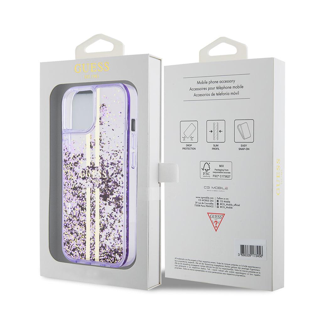 iPhone 14 Kılıf Guess Orjinal Lisanslı Transparan Sıvılı Simli Altın Çizgili Kapak