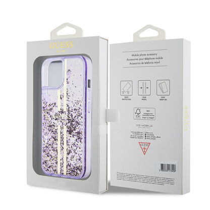 iPhone 14 Kılıf Guess Orjinal Lisanslı Transparan Sıvılı Simli Altın Çizgili Kapak
