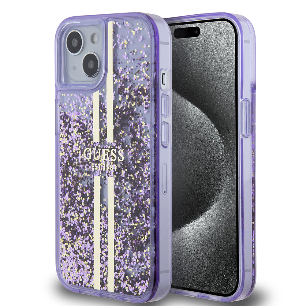 iPhone 14 Kılıf Guess Orjinal Lisanslı Transparan Sıvılı Simli Altın Çizgili Kapak