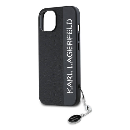 iPhone 14 Kılıf Karl Lagerfeld Orjinal Lisanslı Anahtarlıklı Taşlı KL Yazılı Saffiano Rhinestones Kapak