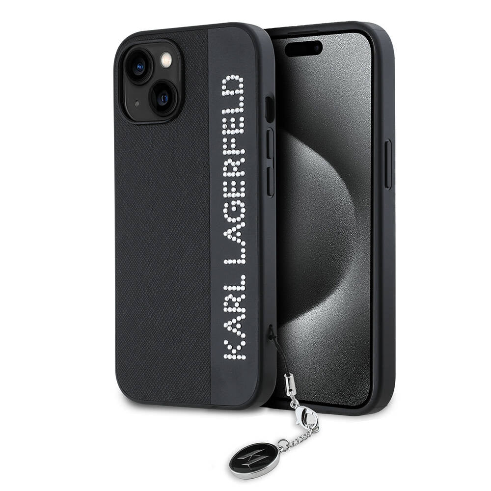 iPhone 14 Kılıf Karl Lagerfeld Orjinal Lisanslı Anahtarlıklı Taşlı KL Yazılı Saffiano Rhinestones Kapak