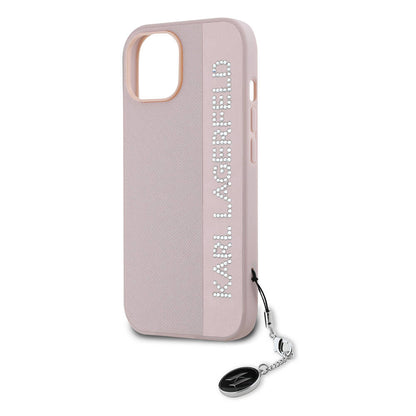 iPhone 14 Kılıf Karl Lagerfeld Orjinal Lisanslı Anahtarlıklı Taşlı KL Yazılı Saffiano Rhinestones Kapak