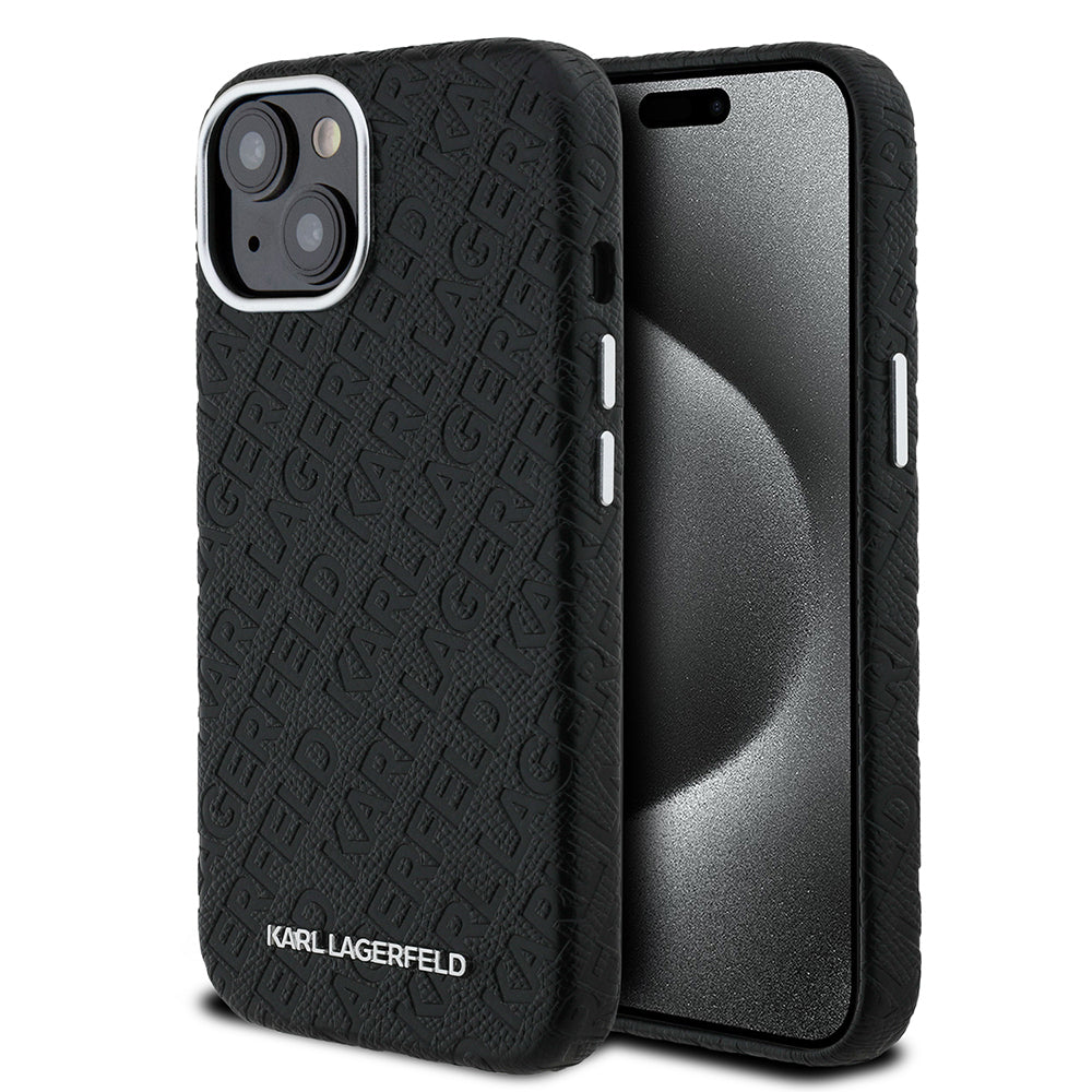 iPhone 14 Kılıf Karl Lagerfeld Orjinal Lisanslı PU Deri Damgalı Metal Yazı Logolu Kapak