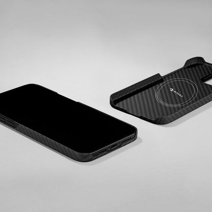 iPhone 14 Kılıf M-safe Şarj Özellikli 1500D Aramid Fiber Pitaka Ultra-Slim Classic Serisi Black-Grey Twill Kapak