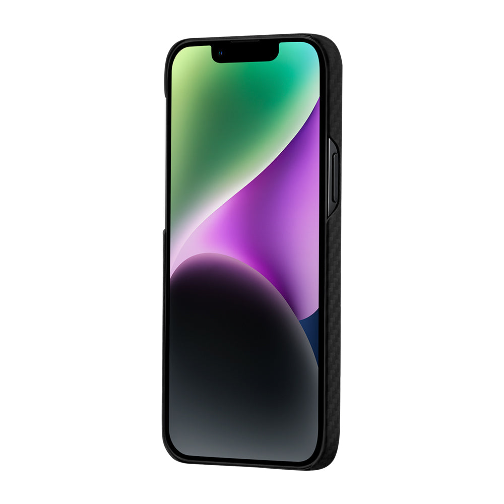 iPhone 14 Kılıf M-safe Şarj Özellikli 1500D Aramid Fiber Pitaka Ultra-Slim Classic Serisi Black-Grey Twill Kapak