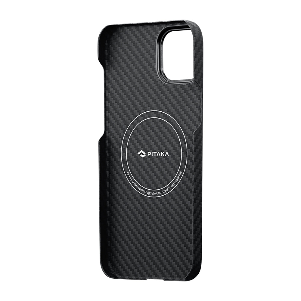 iPhone 14 Kılıf M-safe Şarj Özellikli 1500D Aramid Fiber Pitaka Ultra-Slim Classic Serisi Black-Grey Twill Kapak