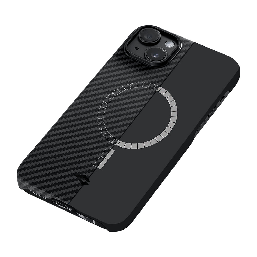 iPhone 14 Kılıf M-safe Şarj Özellikli 1500D Aramid Fiber Pitaka Ultra-Slim Classic Serisi Black-Grey Twill Kapak