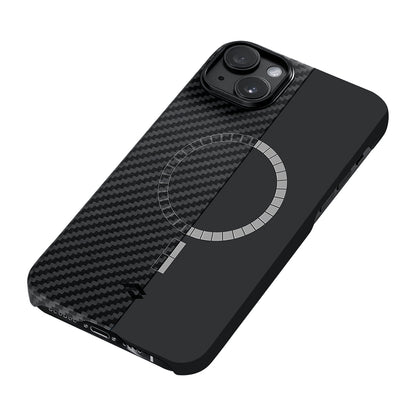 iPhone 14 Kılıf M-safe Şarj Özellikli 1500D Aramid Fiber Pitaka Ultra-Slim Classic Serisi Black-Grey Twill Kapak