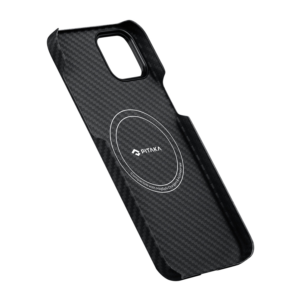 iPhone 14 Kılıf M-safe Şarj Özellikli 1500D Aramid Fiber Pitaka Ultra-Slim Classic Serisi Black-Grey Twill Kapak