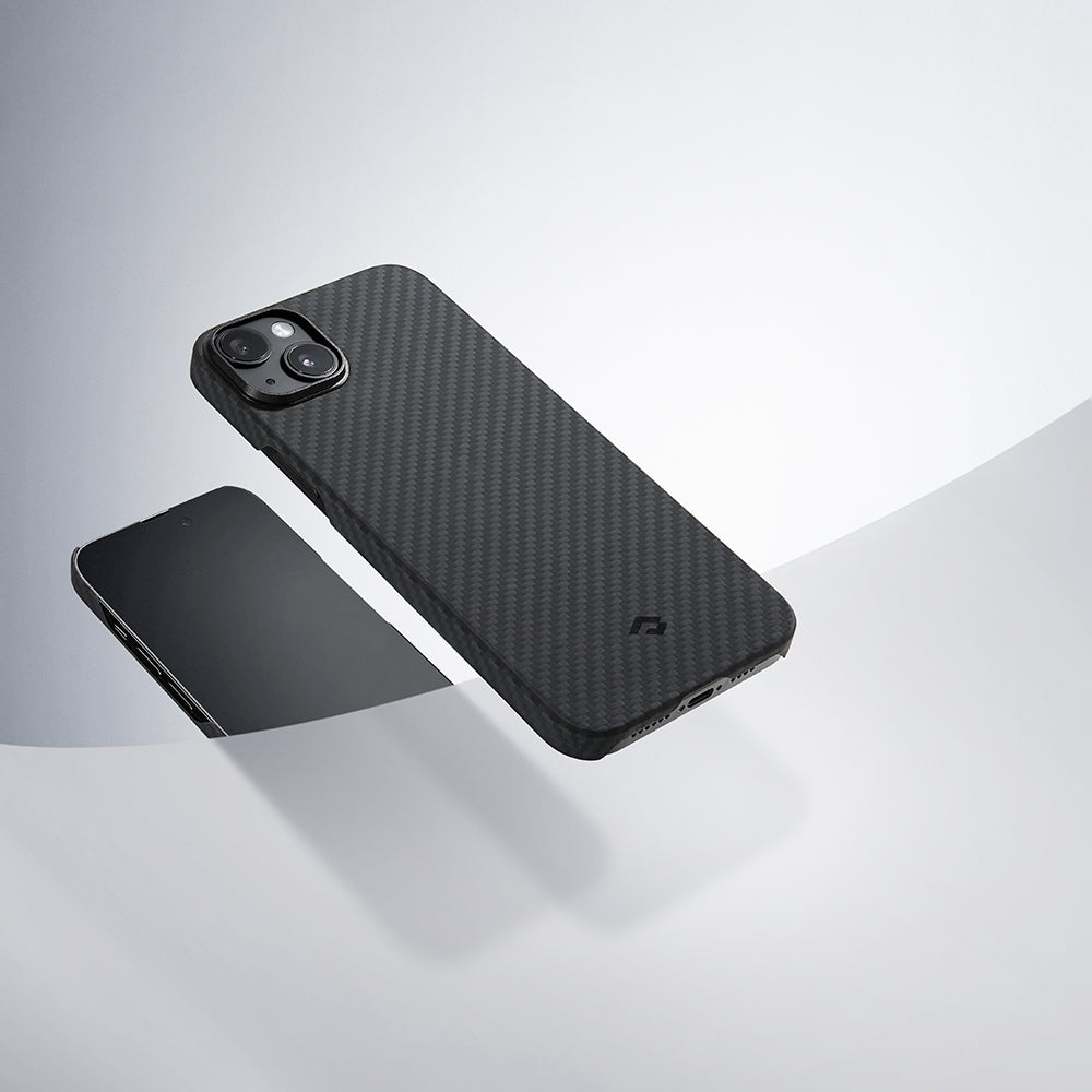 iPhone 14 Kılıf M-safe Şarj Özellikli 1500D Aramid Fiber Pitaka Ultra-Slim Classic Serisi Black-Grey Twill Kapak