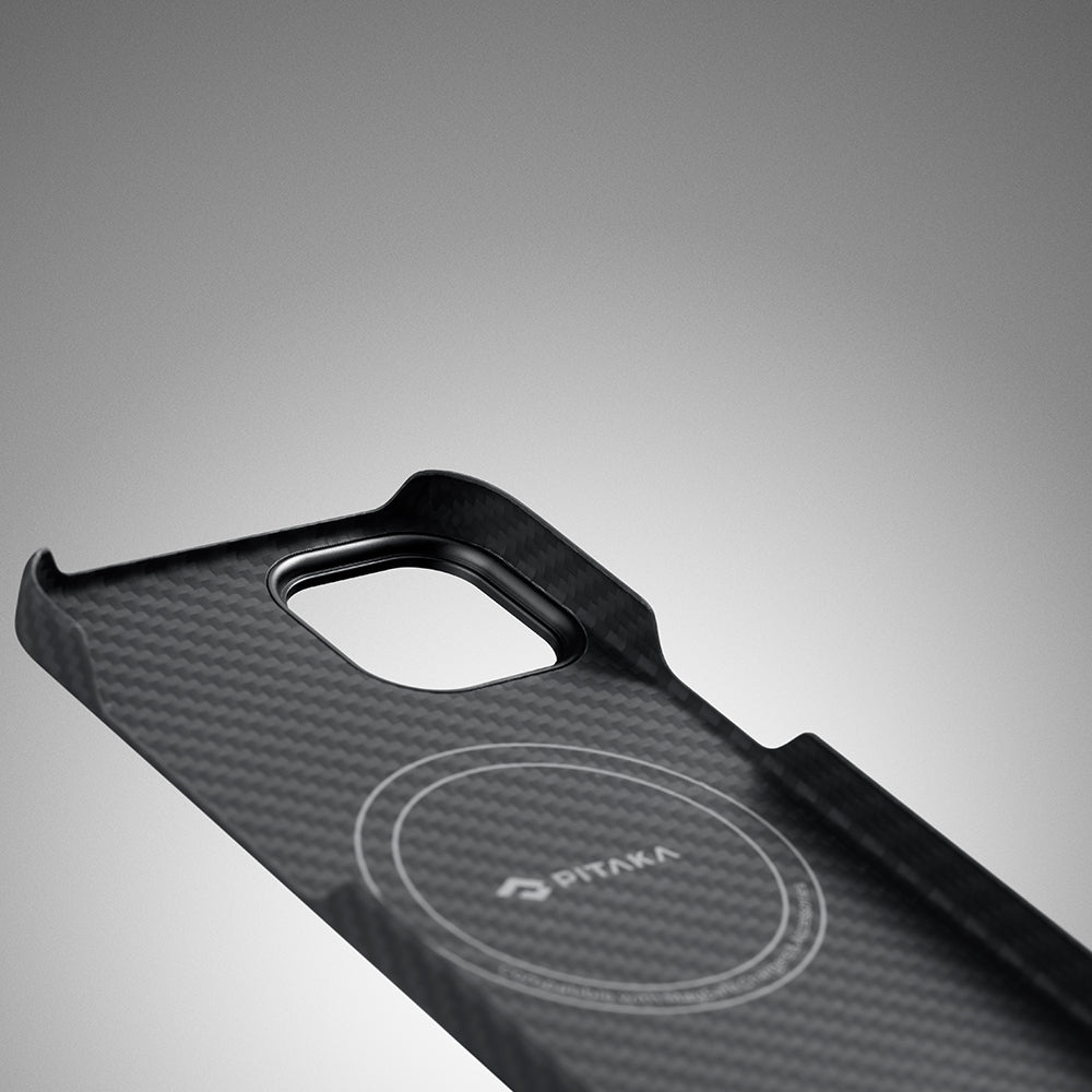 iPhone 14 Kılıf M-safe Şarj Özellikli 1500D Aramid Fiber Pitaka Ultra-Slim Classic Serisi Black-Grey Twill Kapak